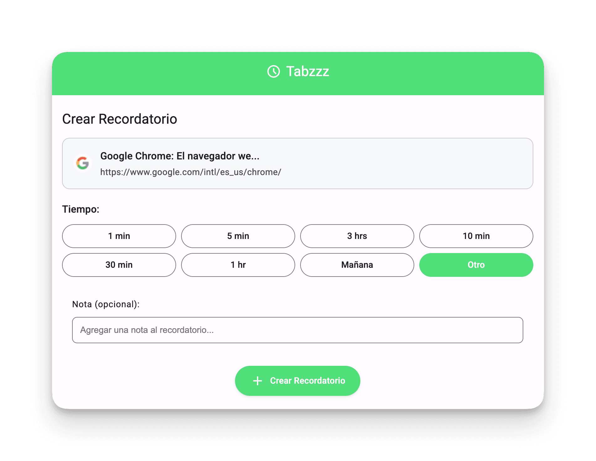 Ventana de Tabzzz para crear un recordatorio